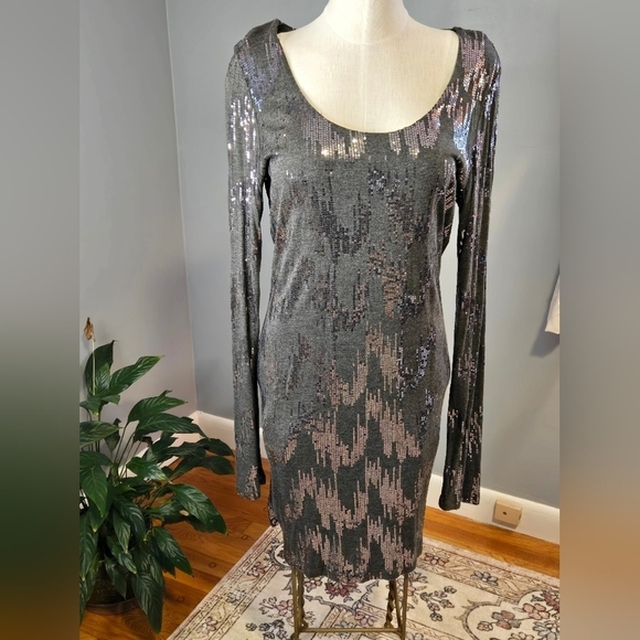 Velvet by Graham & Spencer Lined Long Sleeve Gray Sequin Party Dress Size XL - Picture 1 of 8
